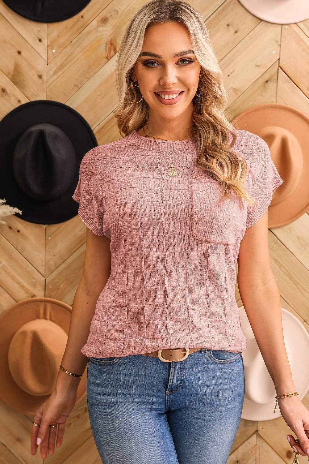 The Stella Casual Lattice Textured Knit Sweater Top | S-XL: Pink