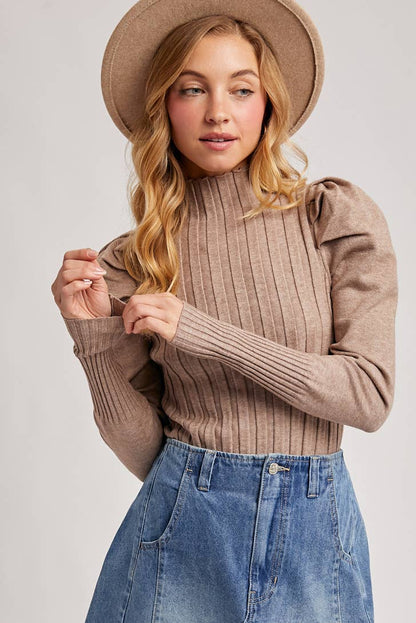 MOCK NECK PUFF SLEEVED KNIT TOP