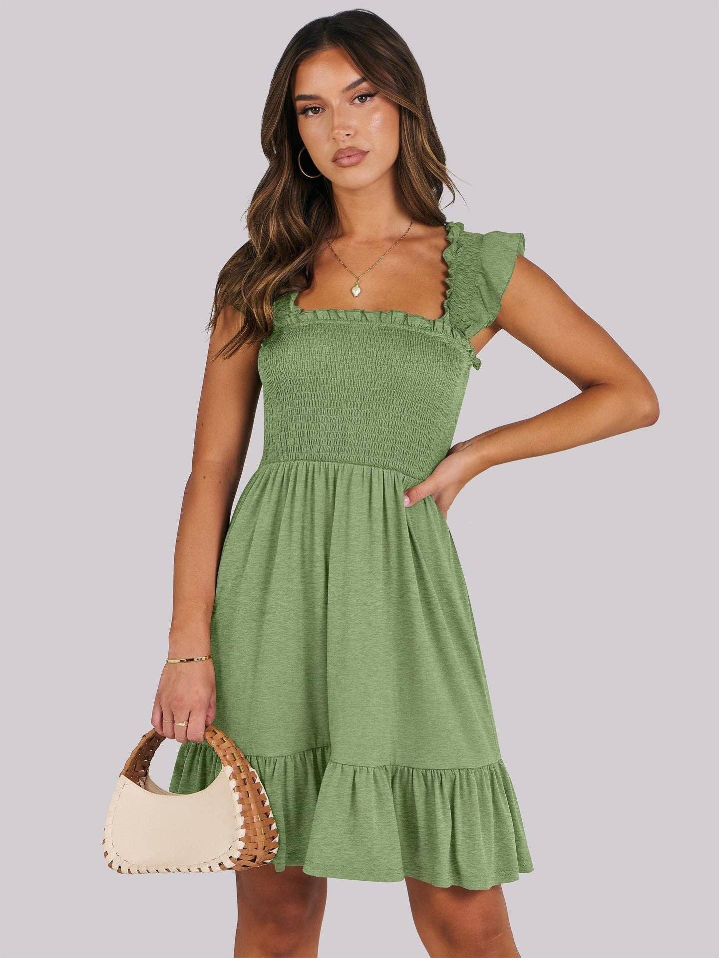 Women’s Smocked Square Neck Ruffle Sleeve Mini Dress Casual Summer Flowy A Line Dress