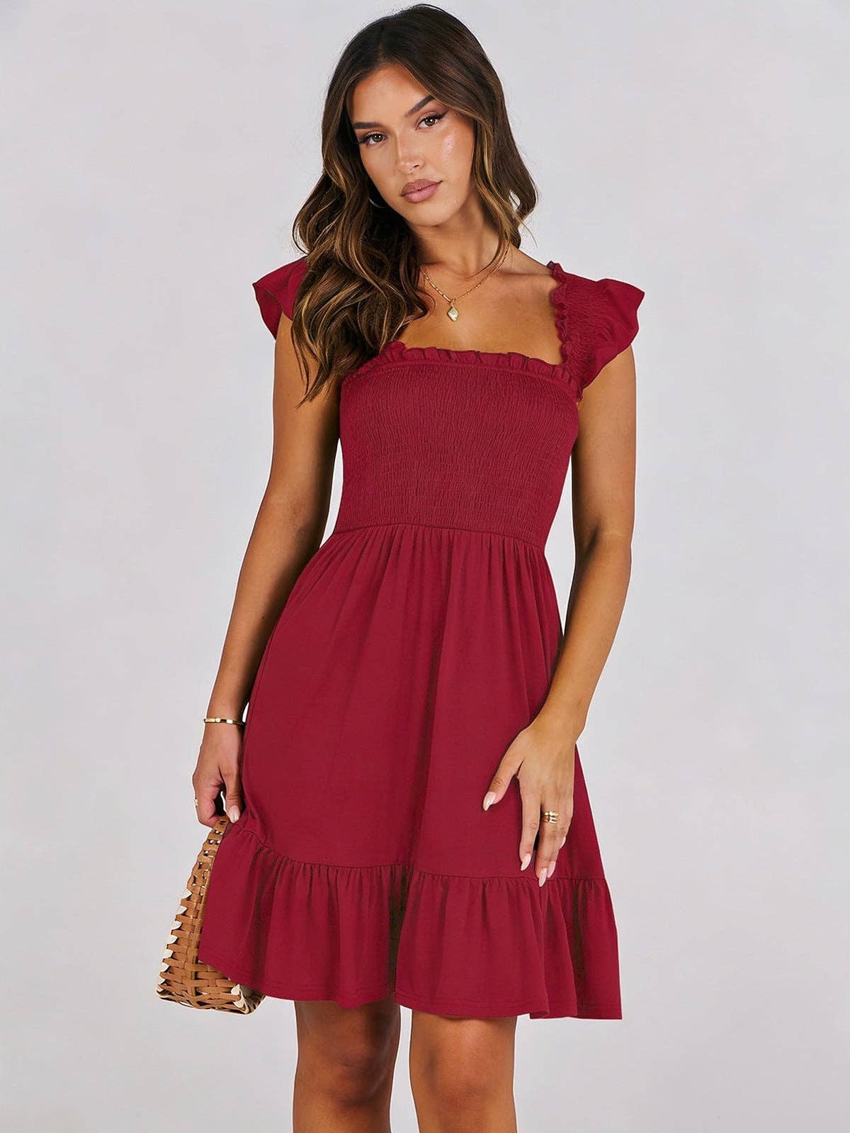 Women’s Smocked Square Neck Ruffle Sleeve Mini Dress Casual Summer Flowy A Line Dress