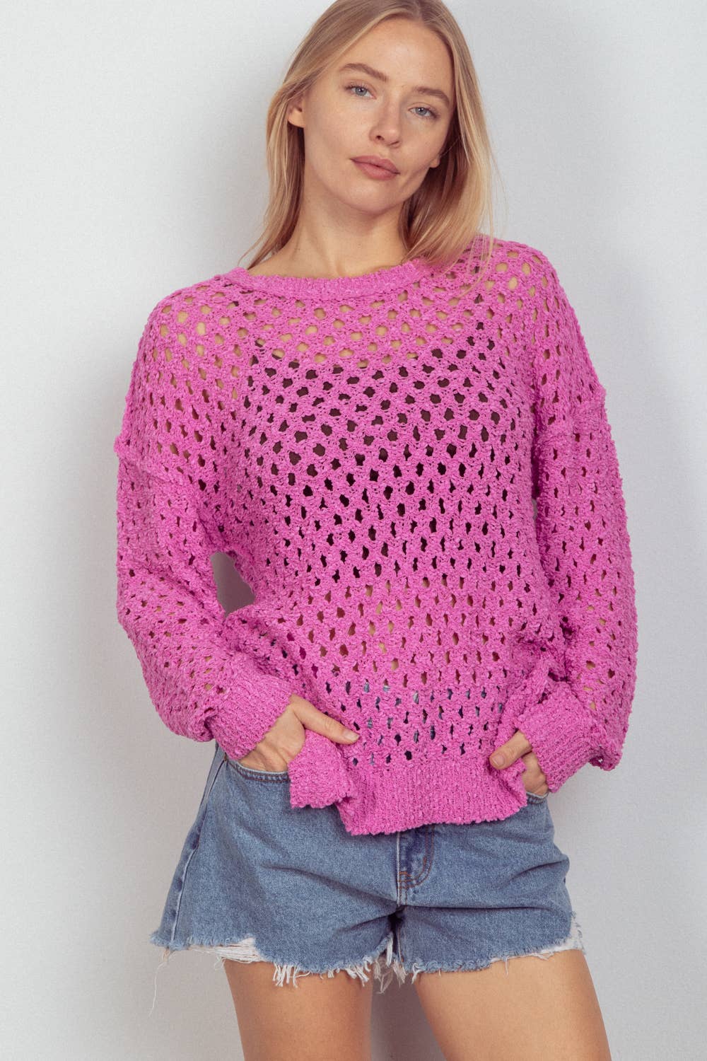 Oversized Tunic Hole Knit Sweater Top: Pink