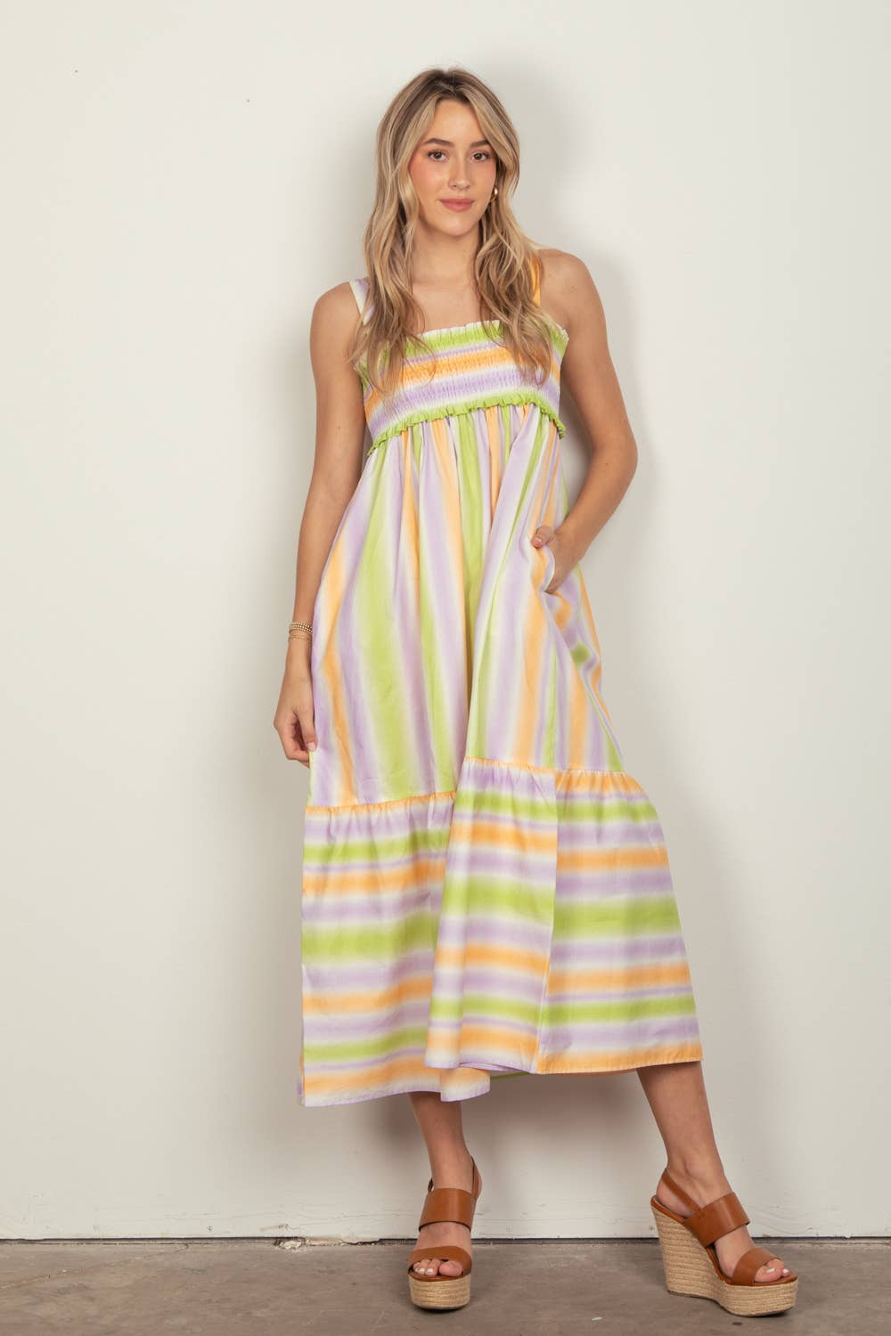 Multi Color Stripe Woven Midi Dress: MANGO COMBO / S-M-L