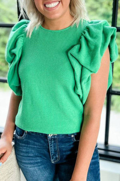 Ribbed Ruffle Puff Sleeve Spring Blouse: Green