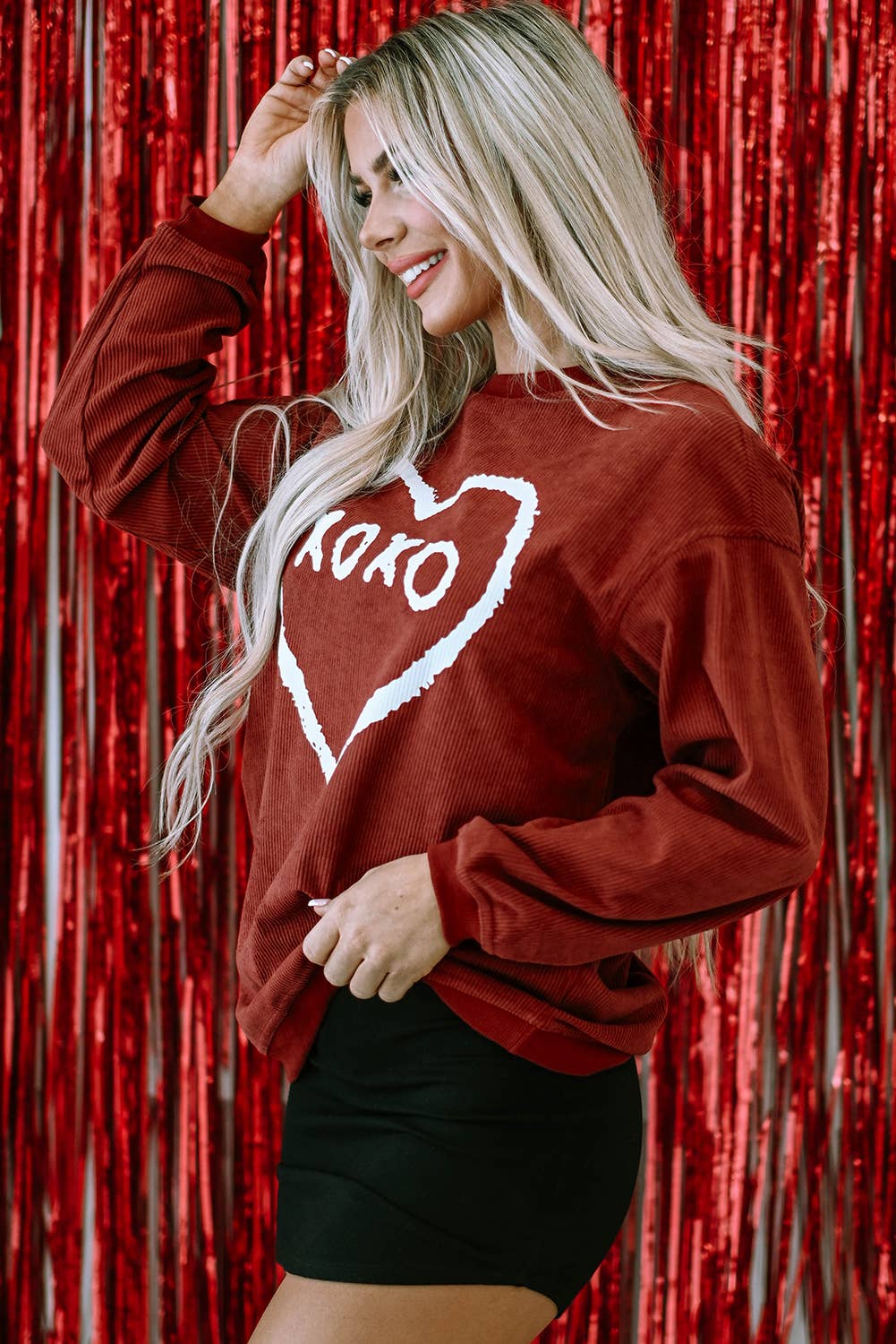 Red XOXO Heart Shape Corded Sweatshirt