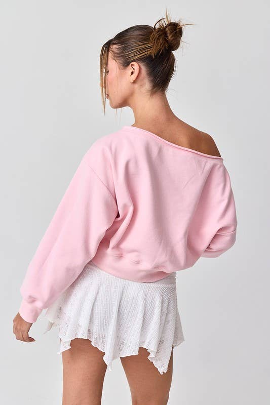 Alina Off Shoulder Cropped Sweatshirt- PINK