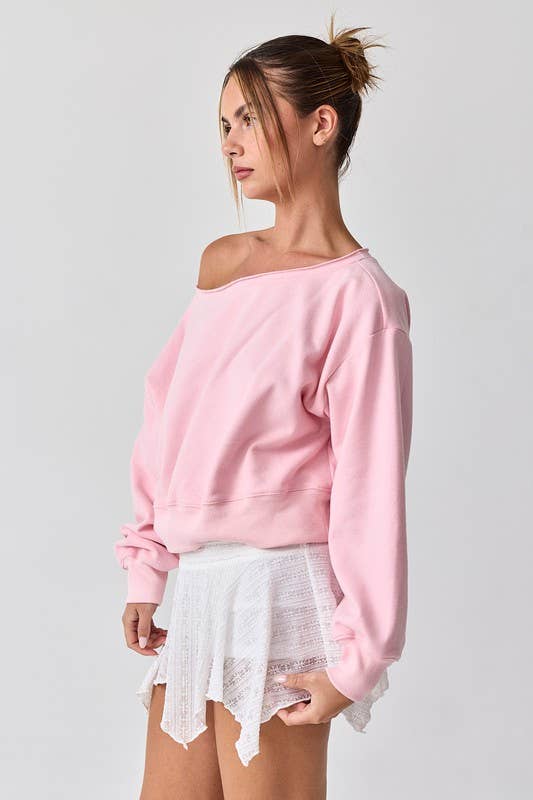 Alina Off Shoulder Cropped Sweatshirt- PINK