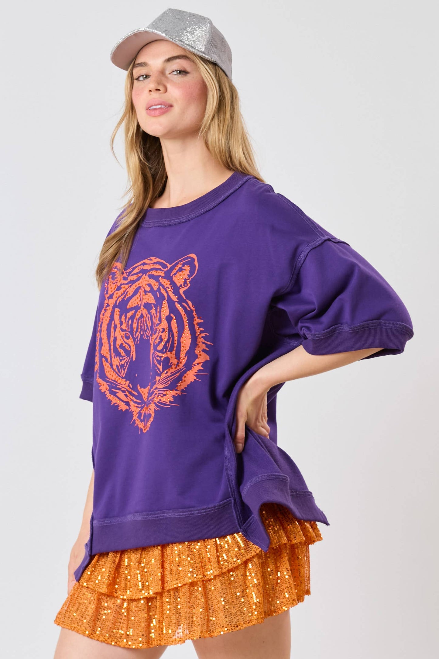 Tiger Head Sequin Purple and Orange Top