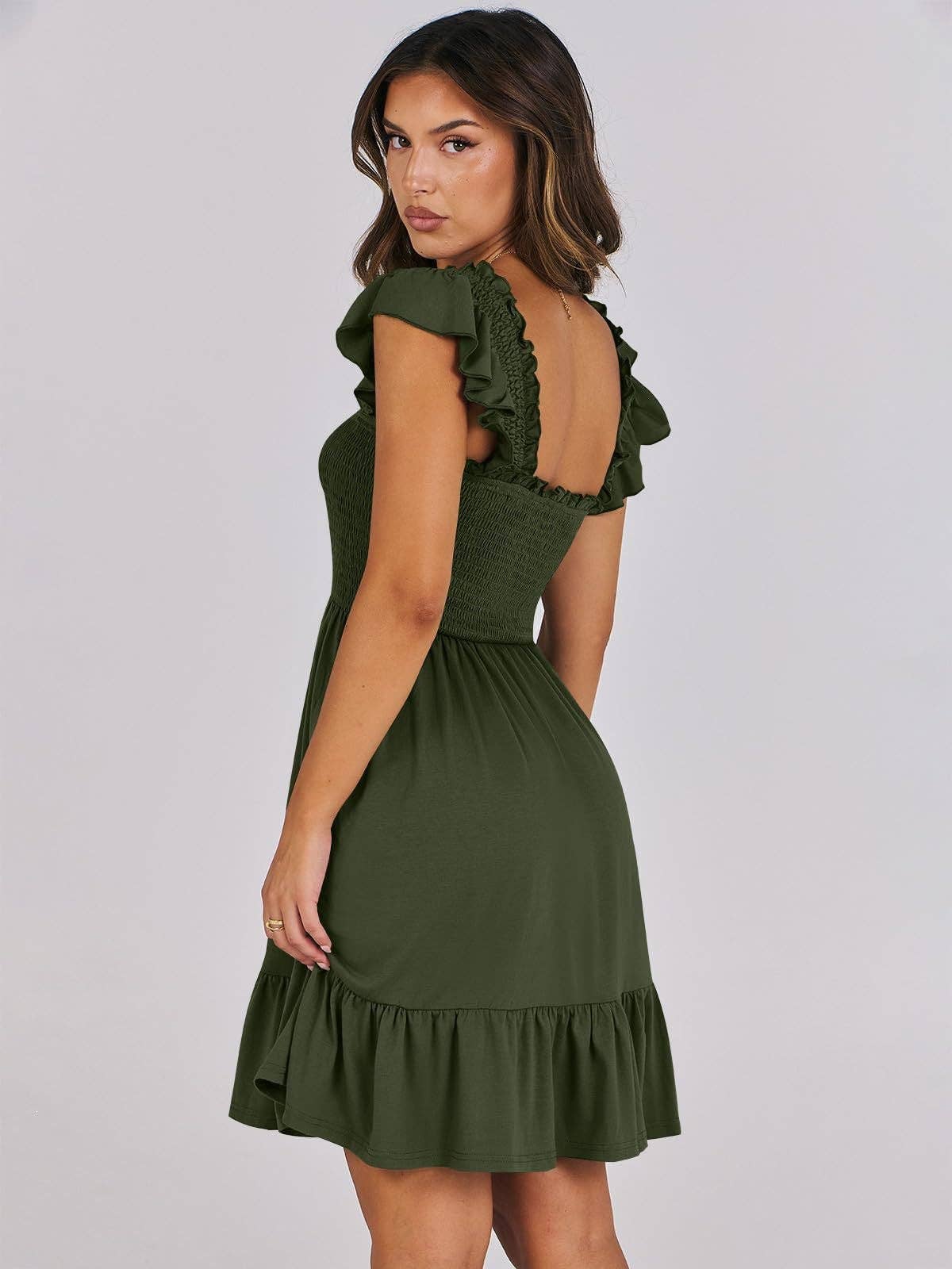 Women’s Smocked Square Neck Ruffle Sleeve Mini Dress Casual Summer Flowy A Line Dress