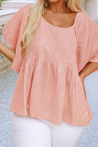 Plus Size Textured Wide Short Sleeve Babydoll Blouse: Apricot Pink