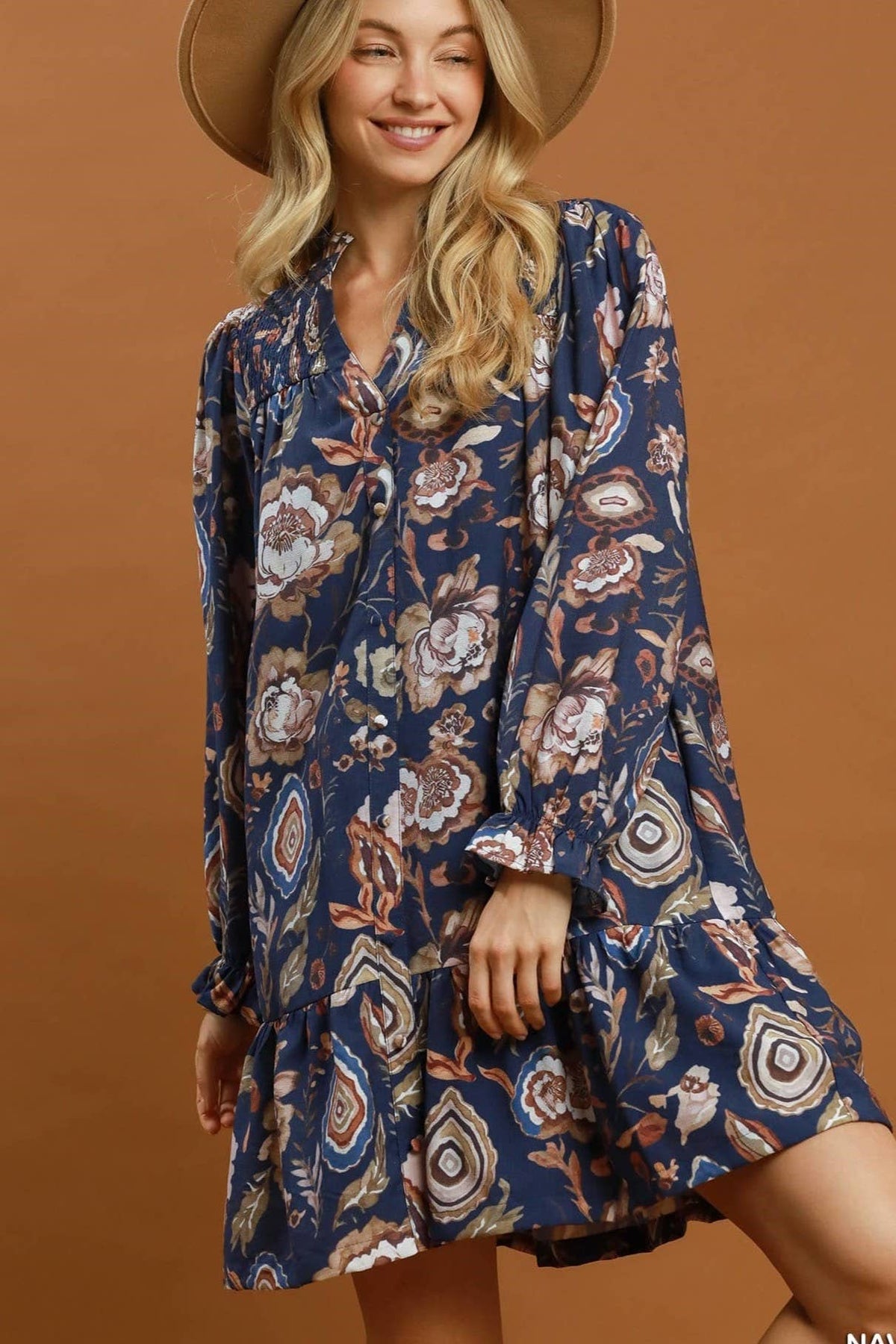Floral Print Button Front Ruffle Hem Dress