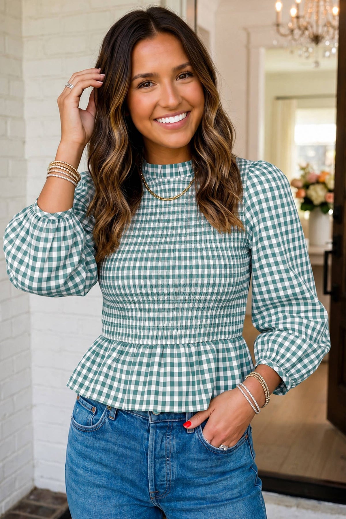 LAS Plaid Smocked Bubble Sleeve Casual Blouse (S-XL)