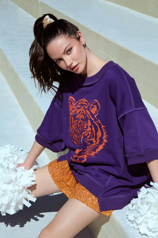 Tiger Head Sequin Purple and Orange Top