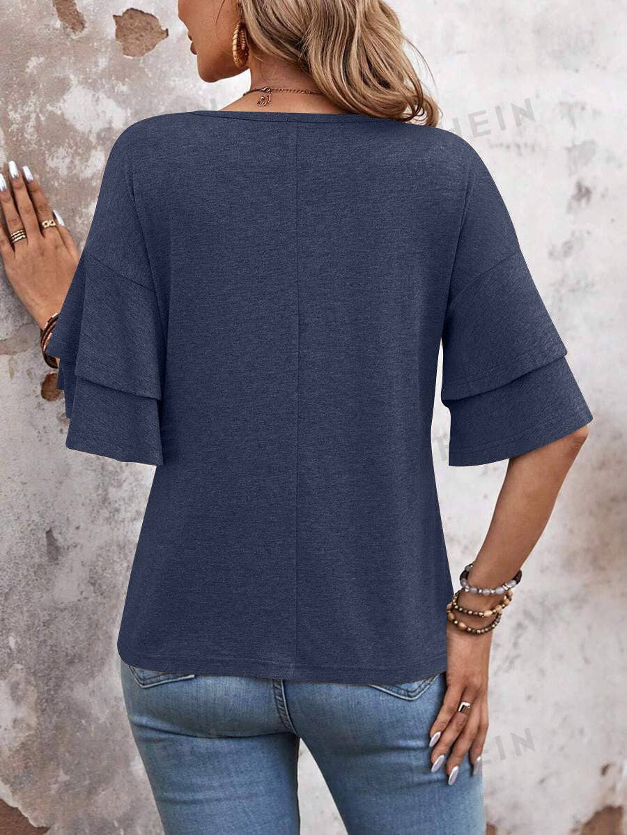 Women's V-Neck Flutter Sleeve Top – Casual Summer T-Shirt