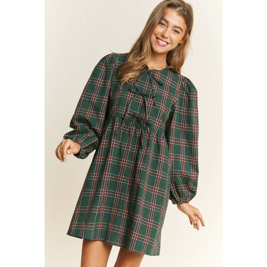 Mary Plaid Green Babydoll Bow Dress