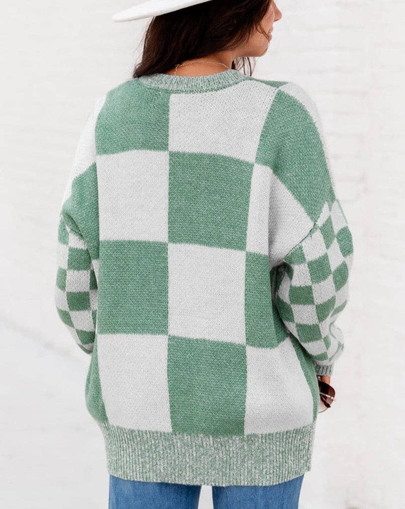 Checker Patchwork Drop Shoulder Sweater: 100%Acrylic / Mint Green