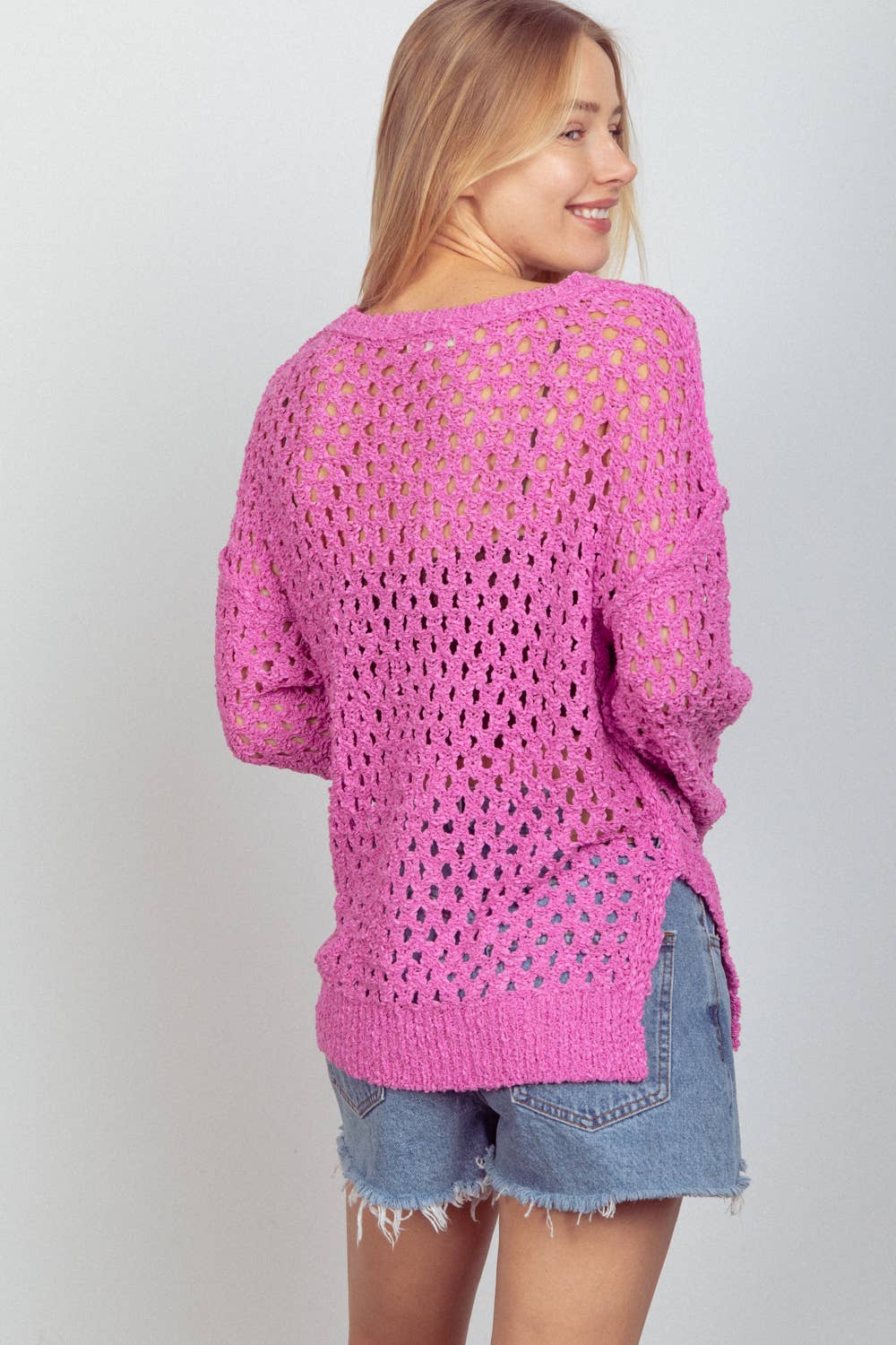 Oversized Tunic Hole Knit Sweater Top: Pink