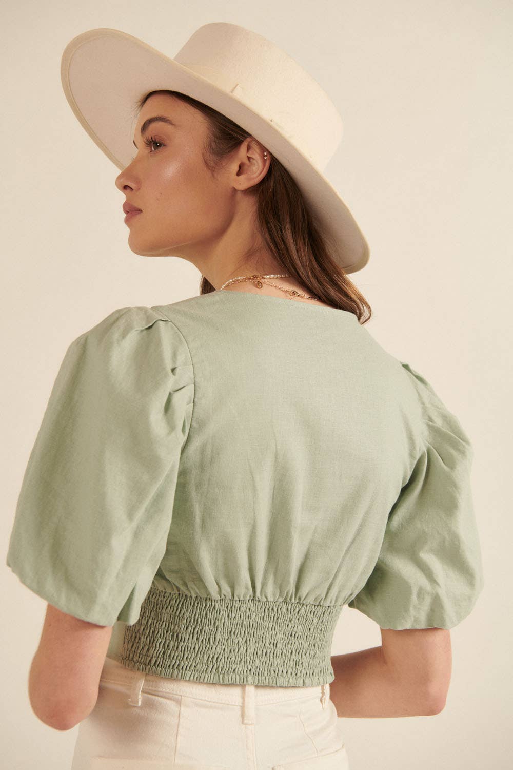 Wide V Neck Short Balloon Sleeve Crop Peasant Top: Seagrass