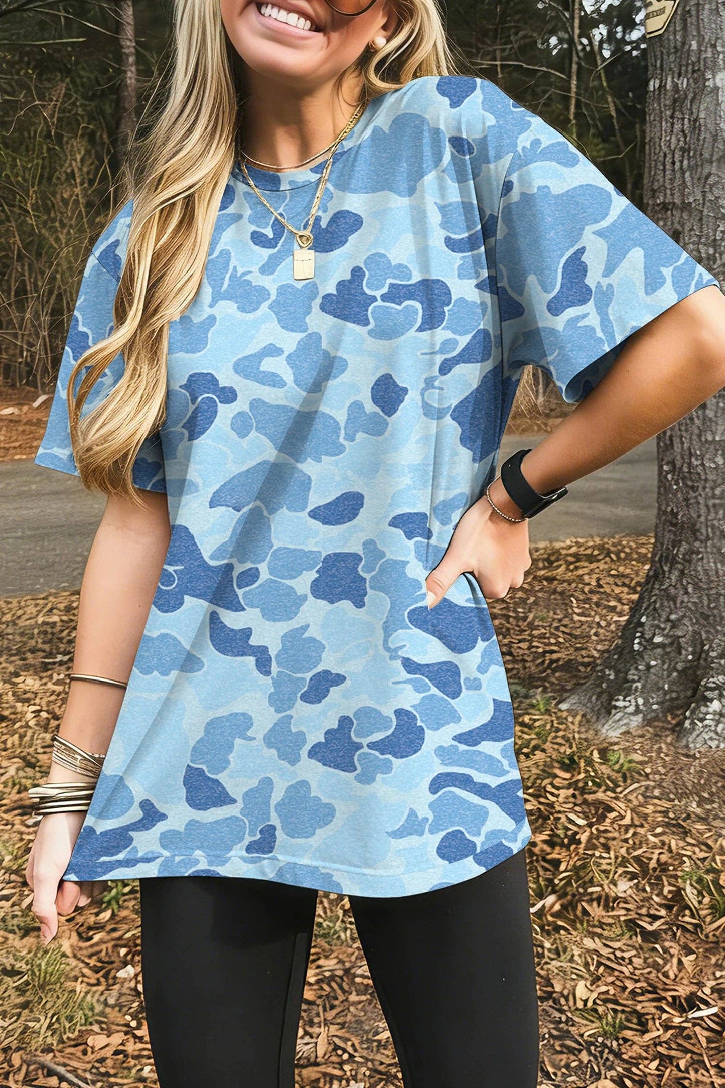 Neutral Camo Print Oversized Casual Crewneck T Shirt