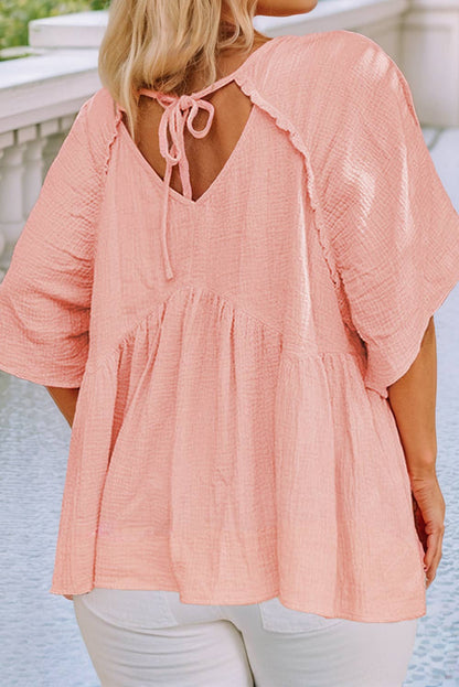 Plus Size Textured Wide Short Sleeve Babydoll Blouse: Apricot Pink