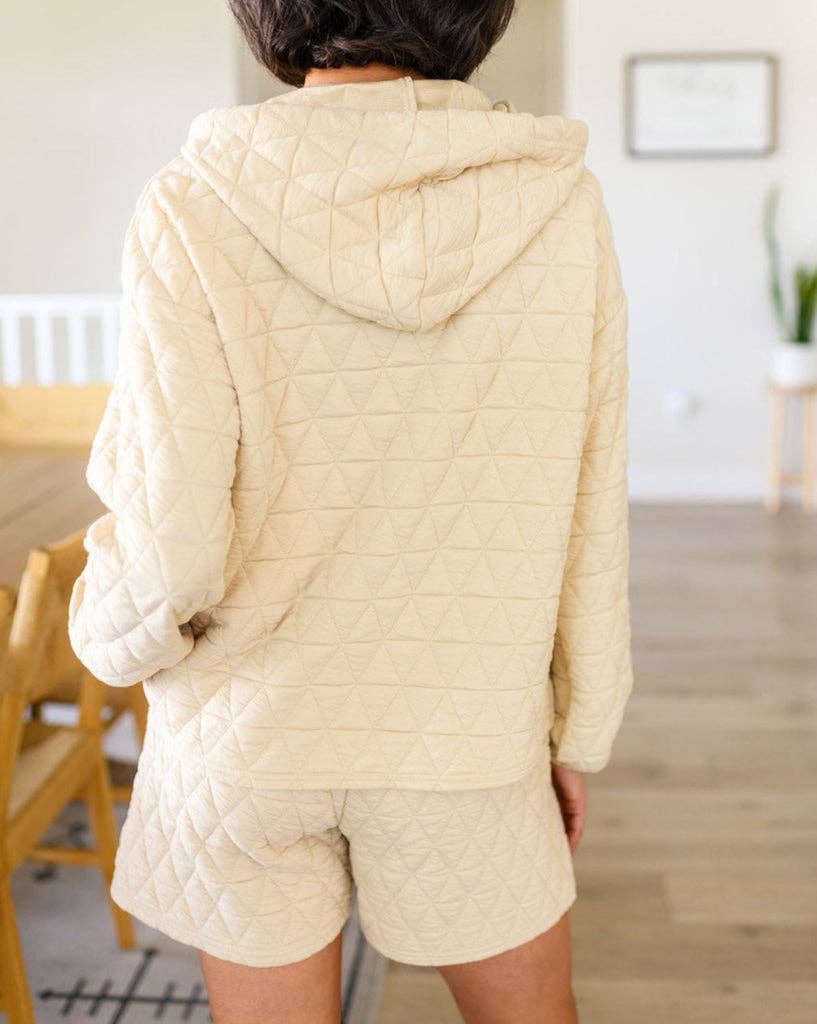 Quilted V Neck Hoodie and Shorts Set: Beige