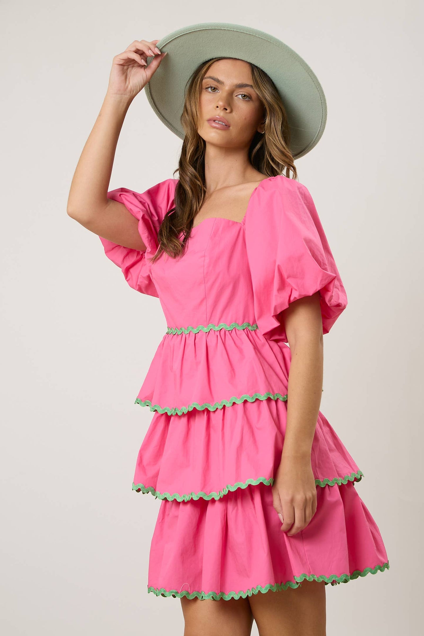 Reese Tiered Wave Trim Mini Dress: Hot Pink with green trim