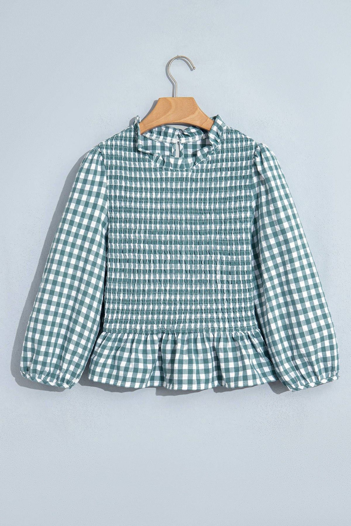 LAS Plaid Smocked Bubble Sleeve Casual Blouse (S-XL)