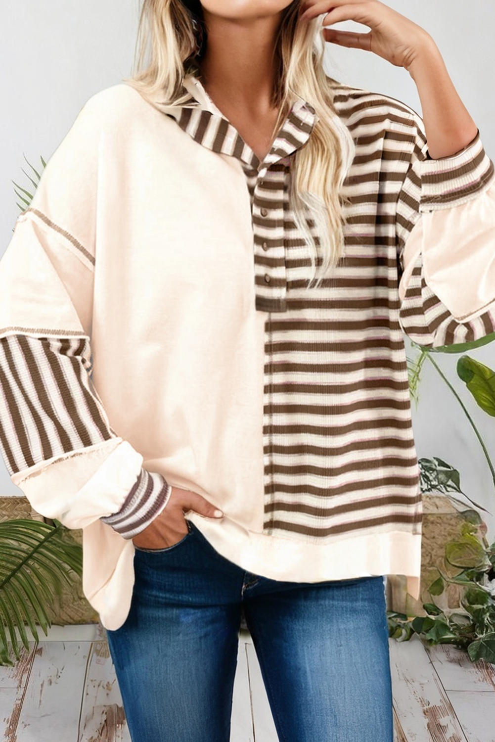 Stripe Patchwork Buttoned Drop Pullover Top