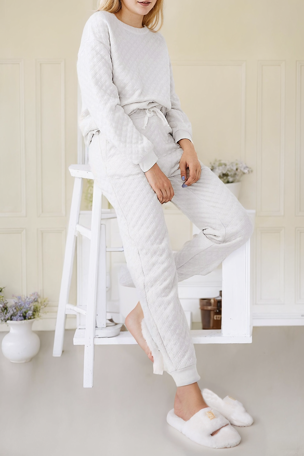 White Quilted Hoodie and Sweatpants Two Piece Set: White