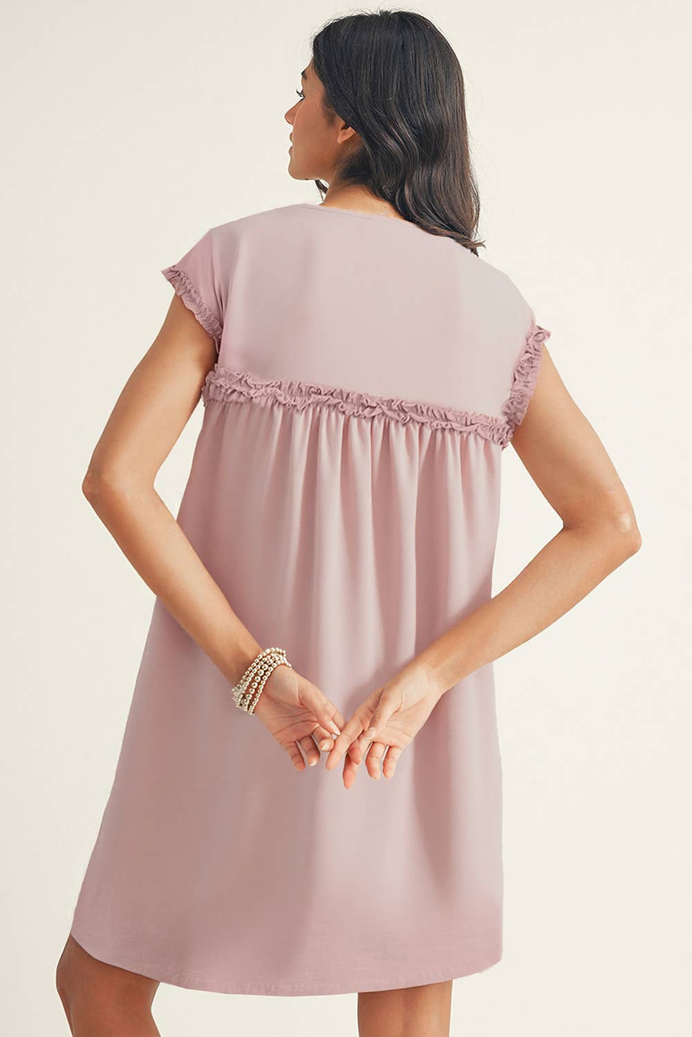 Frilled Trim Crew Neck Loose Fit Mini Dress: Oatmeal