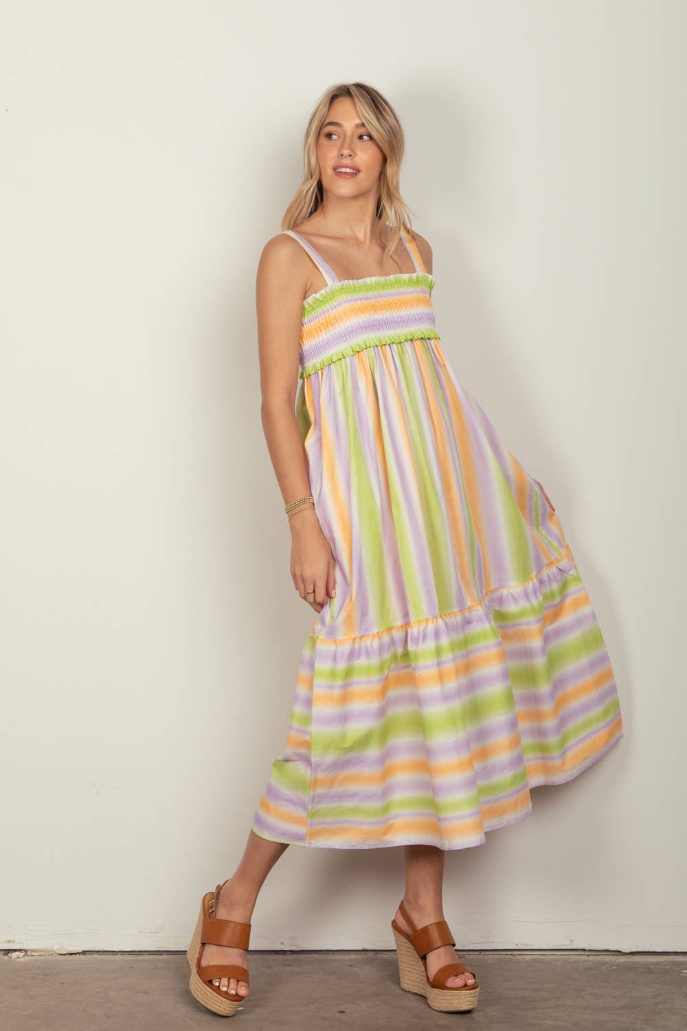 Multi Color Stripe Woven Midi Dress: MANGO COMBO / S-M-L