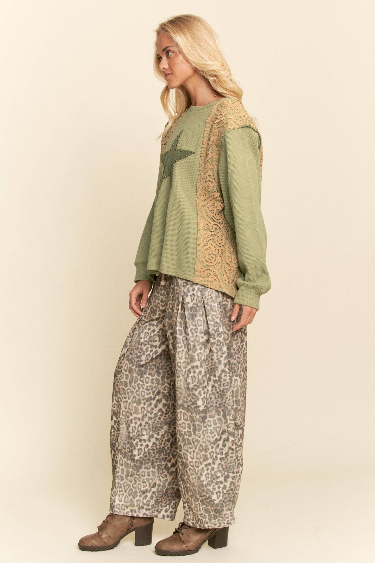 WASHED LEOPARD DEIM ELASTIC JEAN PANTS