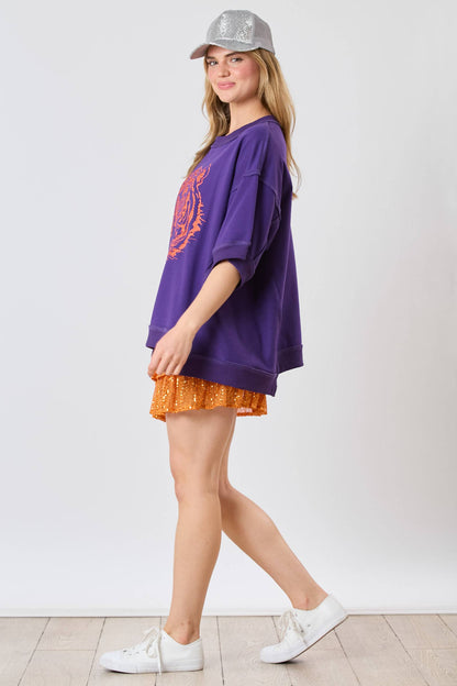 Tiger Head Sequin Purple and Orange Top