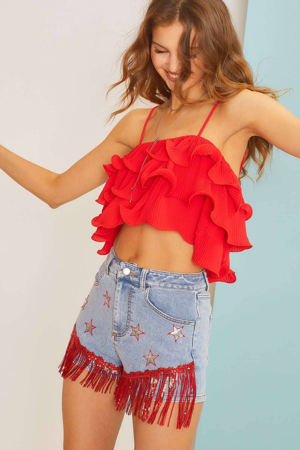 Star Fringe Denim Short: DENIM/RED