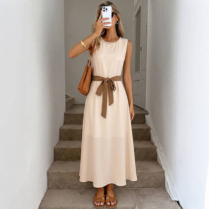 Sleeveless Bow Belt Midi Dress Elegant A-Line Summer Dress