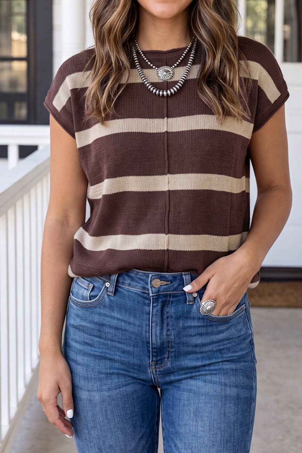 LAS Striped Cap Sleeve Knit Sweater (S-XL)