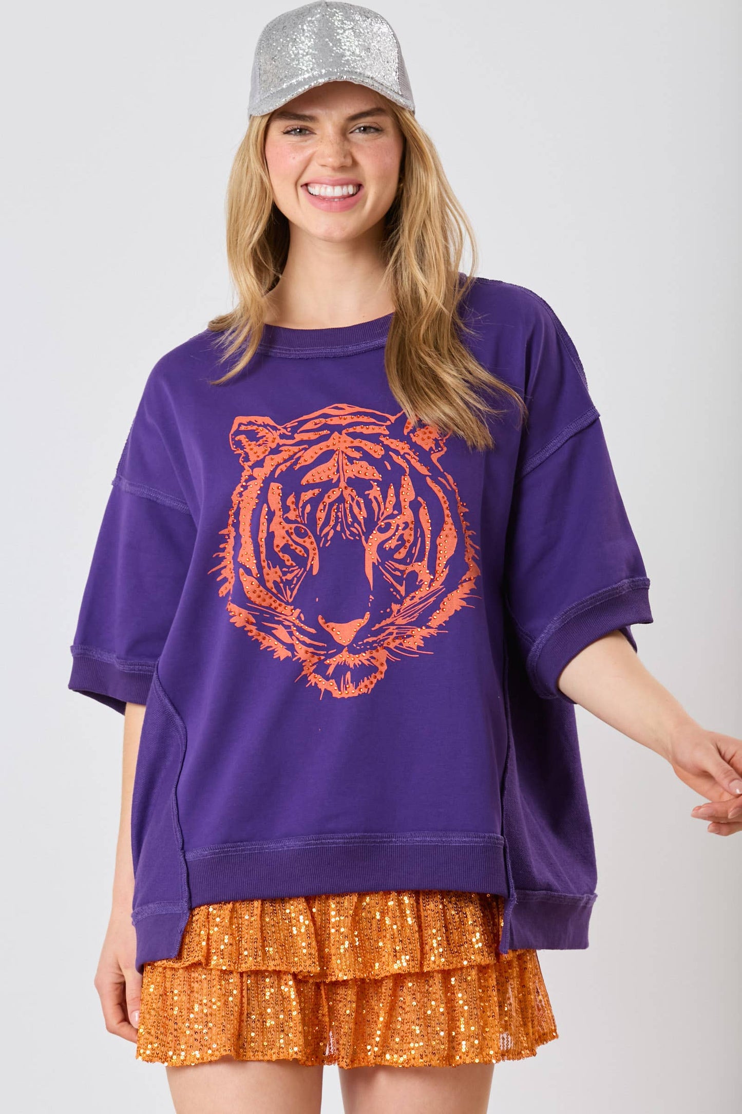 Tiger Head Sequin Purple and Orange Top