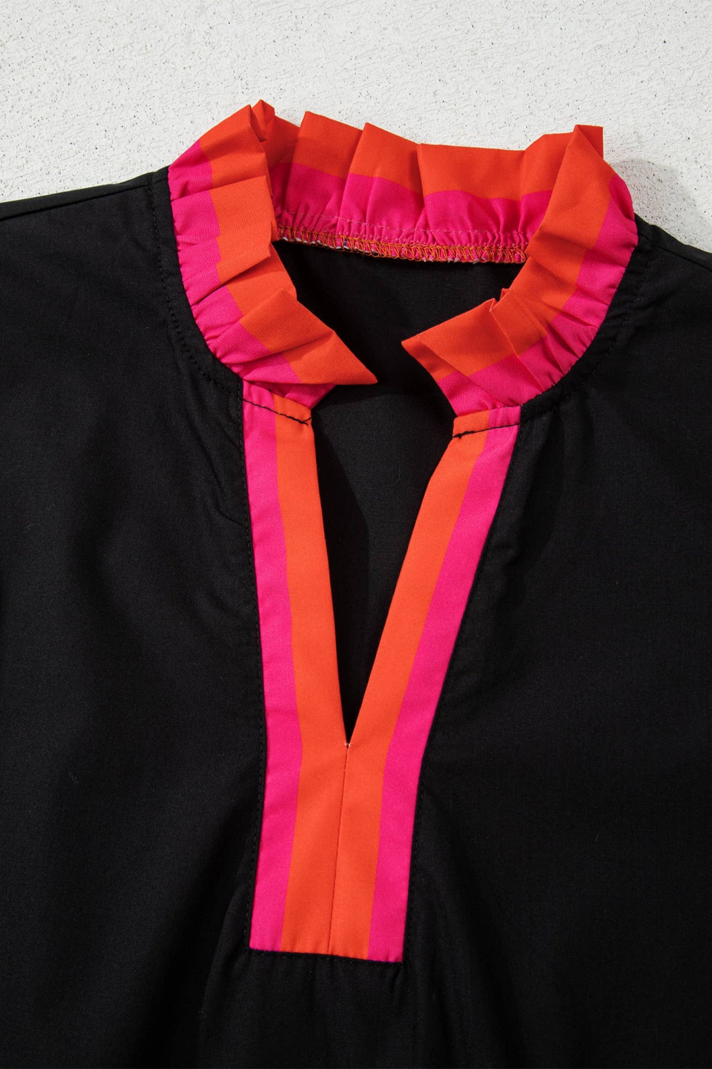 Mock Neck Striped Trim Ruffle Split Neck Blouse (S-XL)
