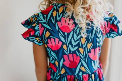 Kids Blue Floral Flutter Sleeve Summer Dress