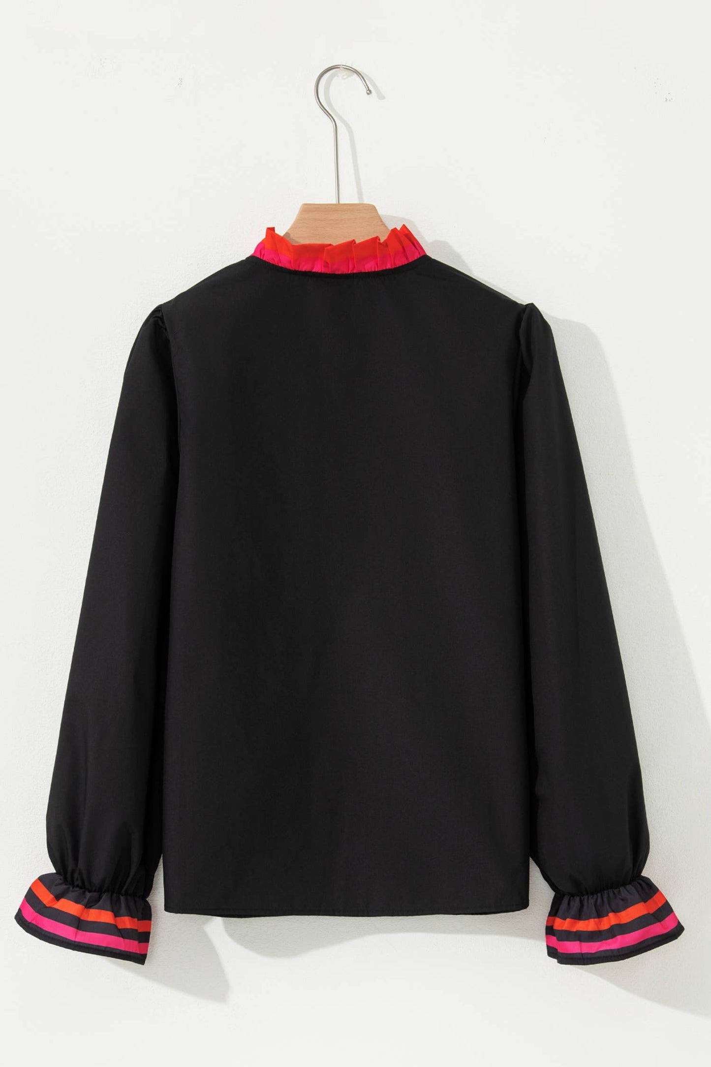 Mock Neck Striped Trim Ruffle Split Neck Blouse (S-XL)