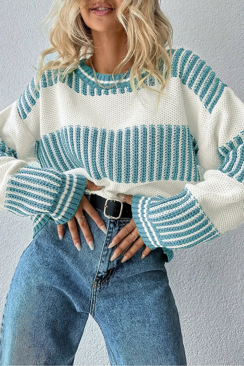 Striped Knit Sweater Trendy Colorblock Oversized Pullover