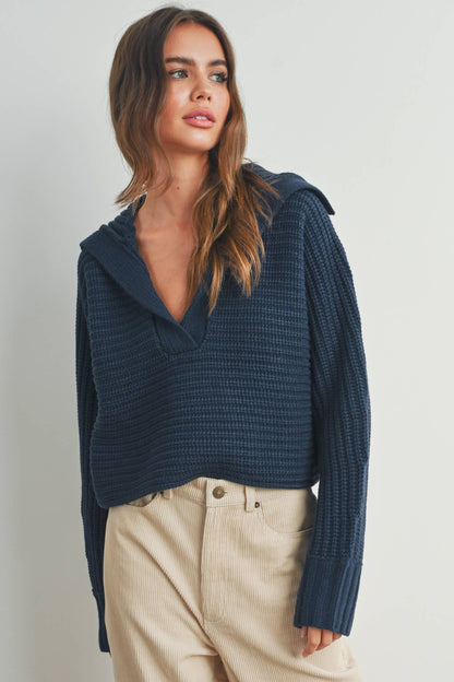 DRAMA COLLAR V NECK SWEATER - NAVY