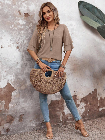 Women's V-Neck Flutter Sleeve Top – Casual Summer T-Shirt