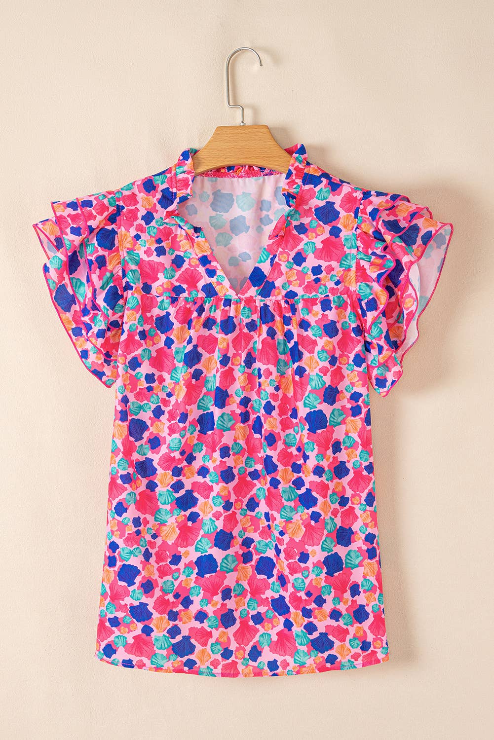 Abstract Print Ruffled Sleeve V Neck Blouse