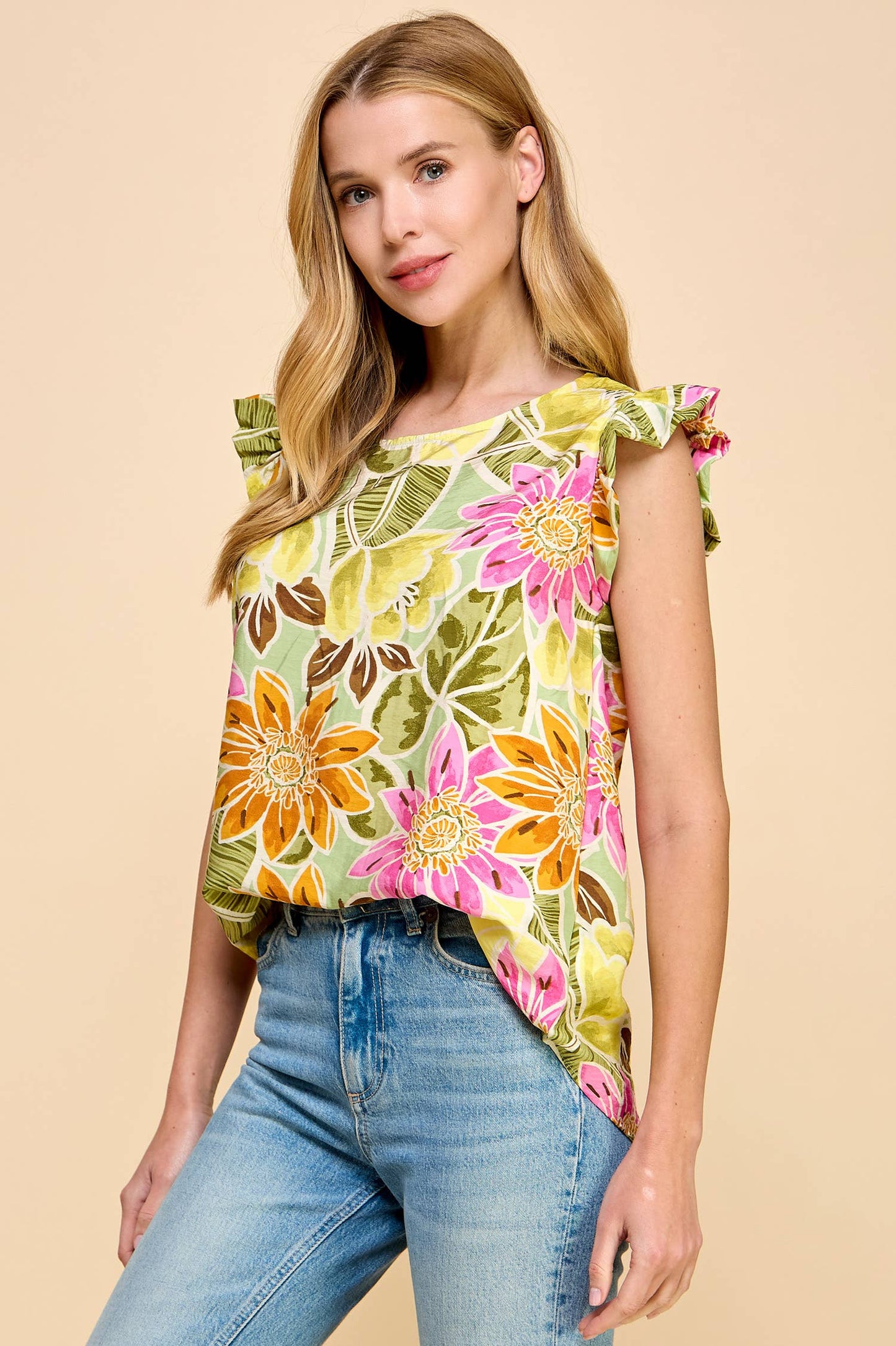 A Little Hawaiian Floral Top with Short Ruffled Sleeves