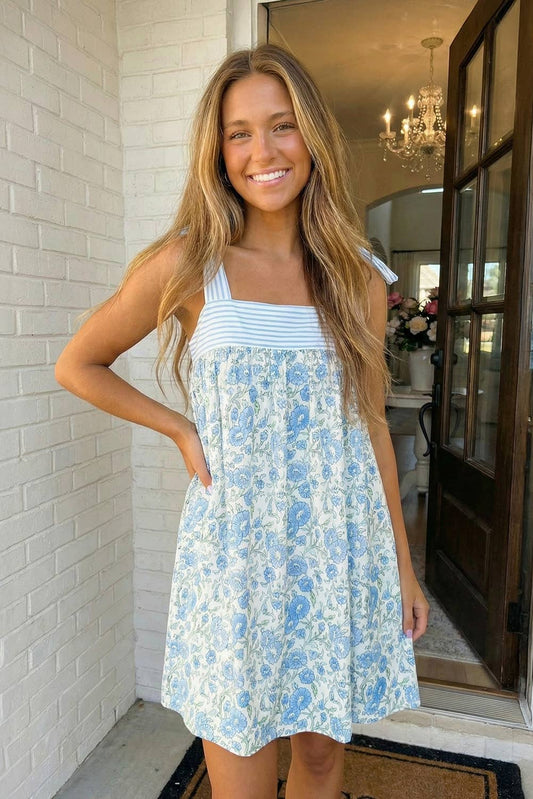 Floral Stripe Patchwork Bow Knot Strap Mini Dress