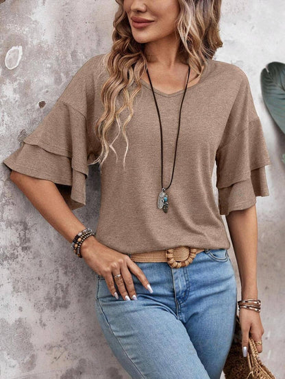 Women's V-Neck Flutter Sleeve Top – Casual Summer T-Shirt