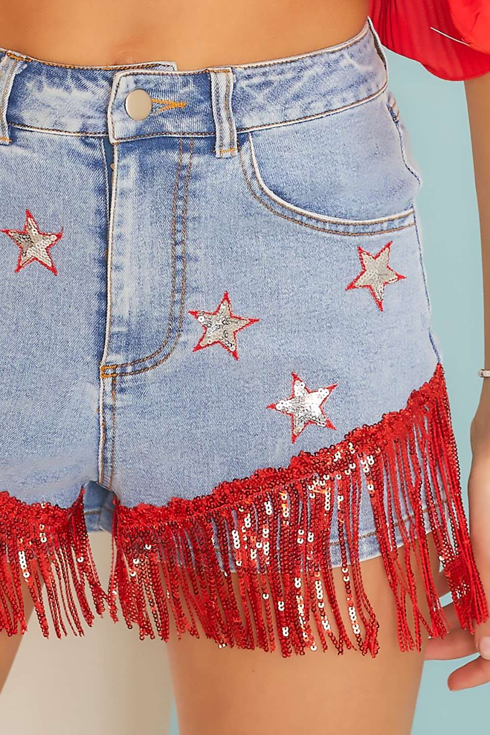 Star Fringe Denim Short: DENIM/RED