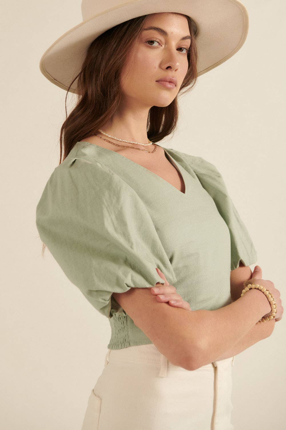 Wide V Neck Short Balloon Sleeve Crop Peasant Top: Seagrass