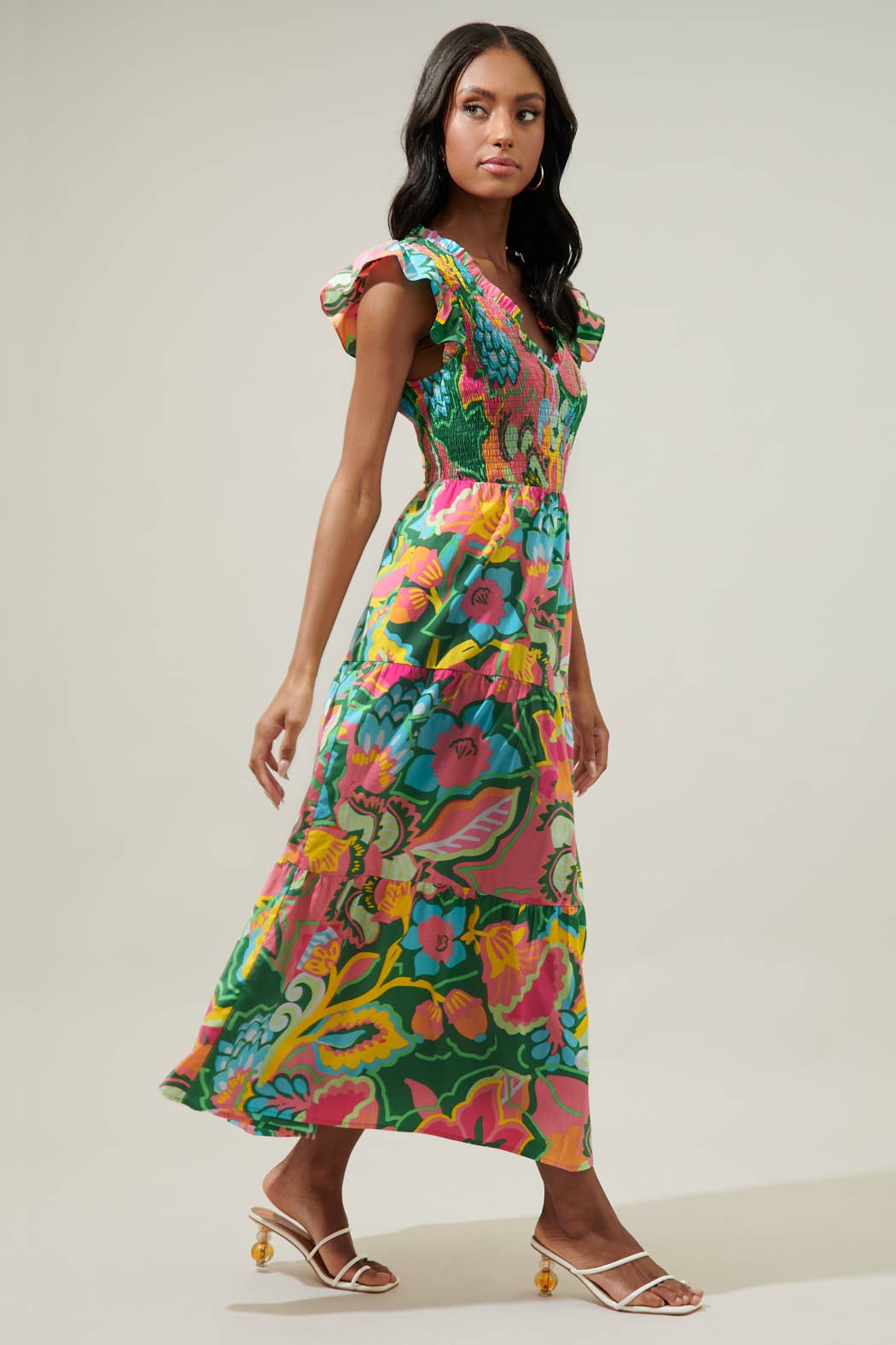 Lanai Multi Tropics Sunfire Smocked Bodice Tiered Midi Dress: KELLY-PINK-MULTI