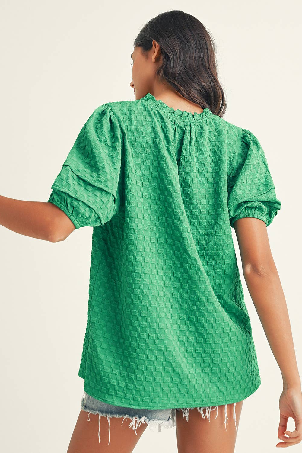 Little Daisy Closet - LDC Textured Puff Short Sleeve Notched V Neck Top: Bright Green